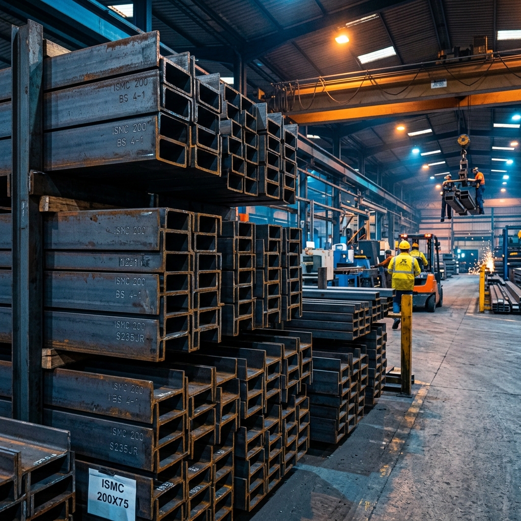 Mild Steel Channels ISMC bundles stacked in steel warehouse yard - Mildsteelchannel.com